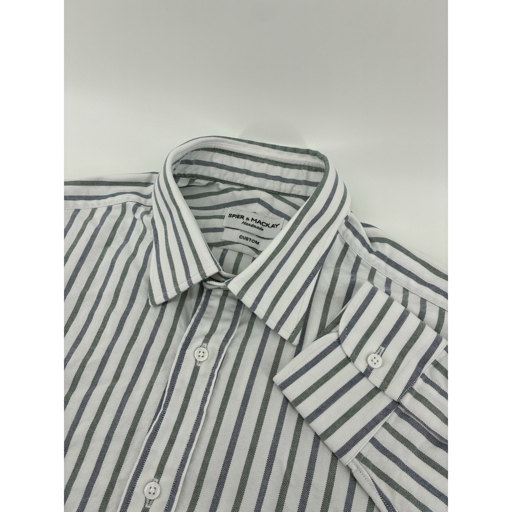 Spier & Mackay Handmade Bespoke Striped OCBD White Green Blue Cotton Medium